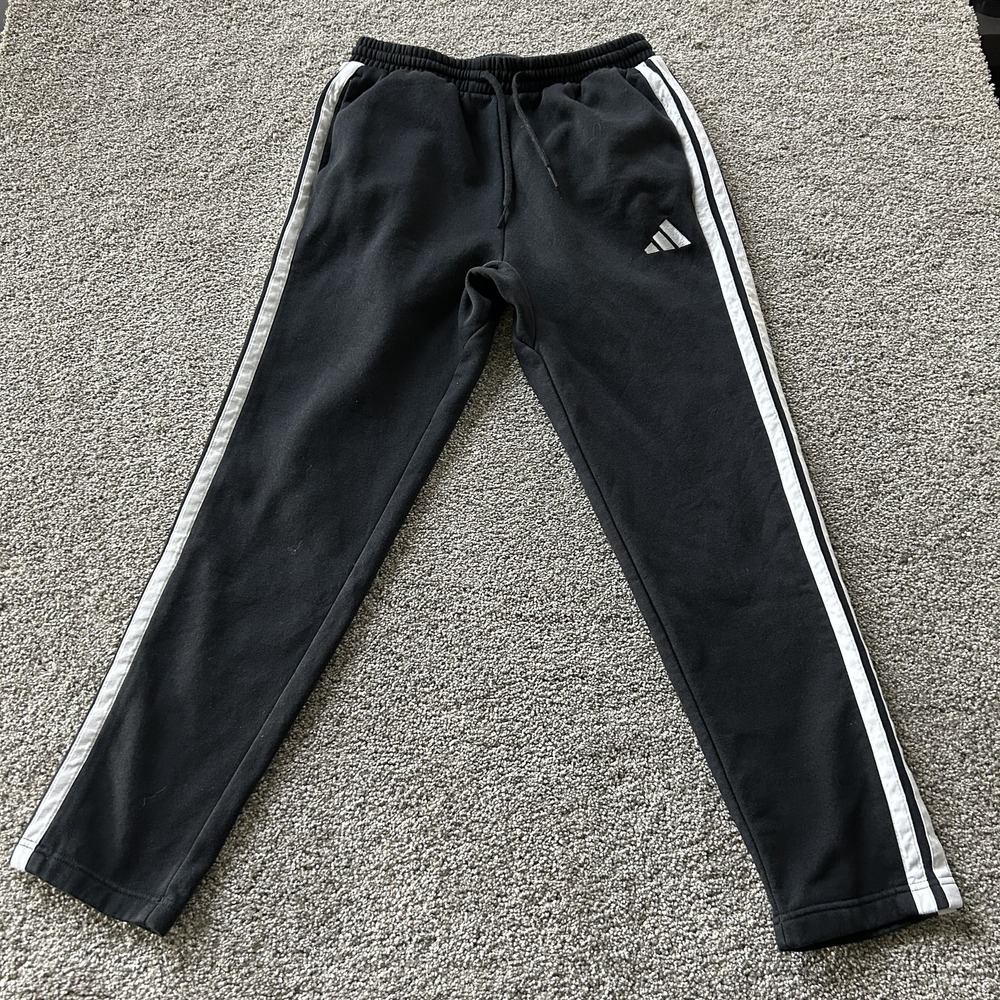 Adidas Sweatpants Mens Medium Black Fleece Elastic Waist Pockets Side Stripe